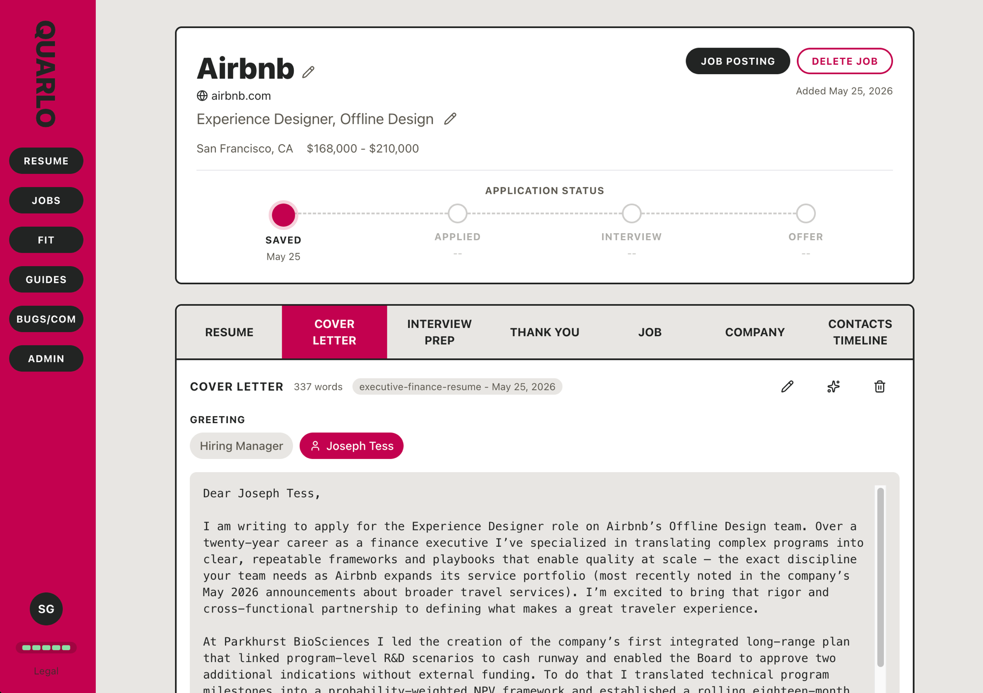 Cover letter tab inside a job tracker showing a personalized letter for Airbnb