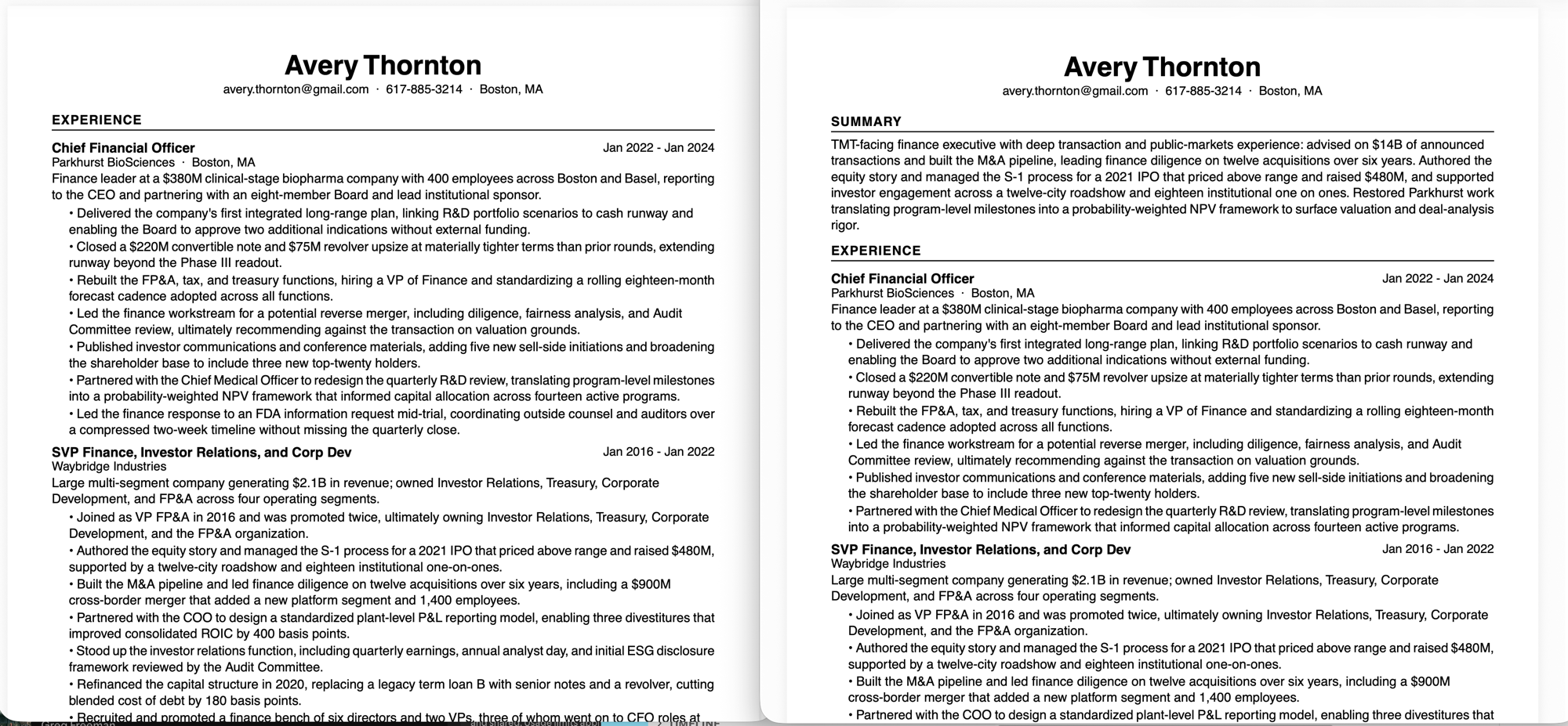 Side-by-side comparison of an original resume and a tailored version with a new summary section