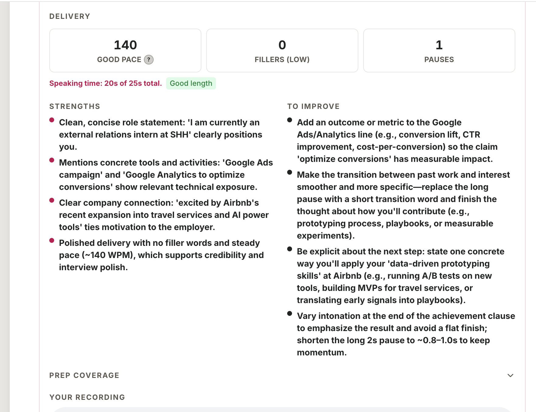 Voice practice feedback showing a strong attempt — 140 WPM good pace, 0 fillers, with Airbnb-specific improvement bullets